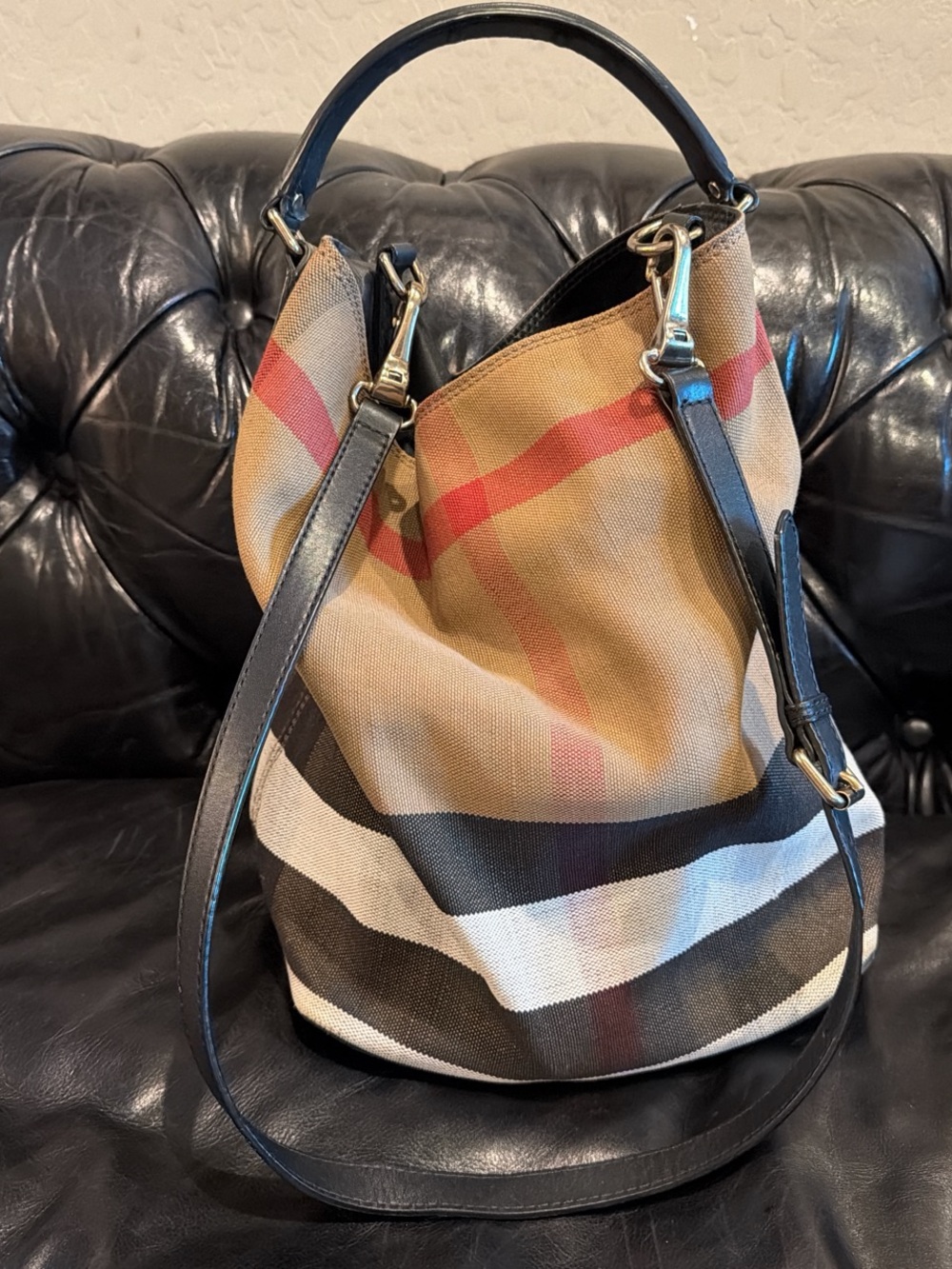 Burberry Tan Check Hobo Bag with Black Trim and Red Accent